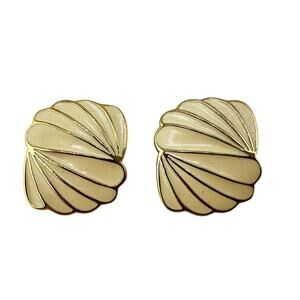 Vintage Trifari 80s 90s Cream Enamel Art Deco Revival Gold Tone 1" Earrings